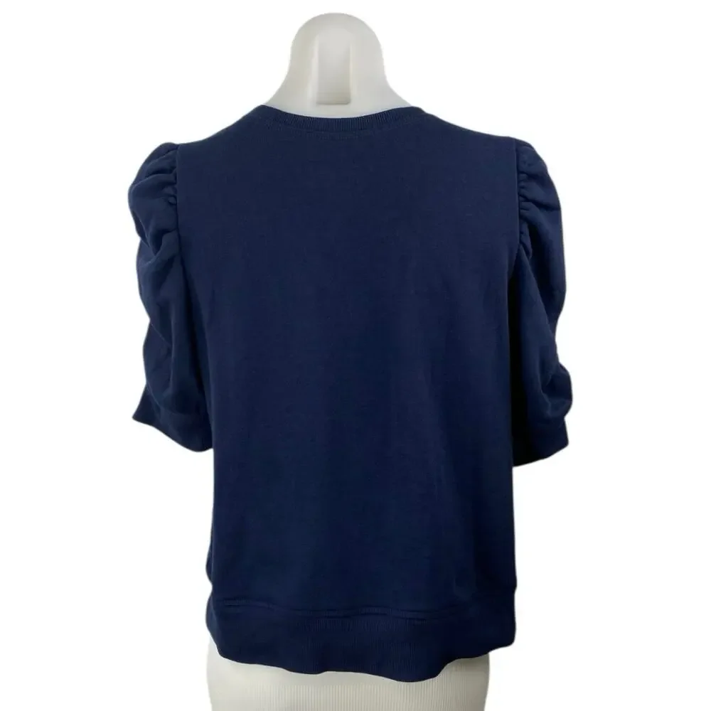 LOFT Women's Blue Crewneck Short Puff Sleeve Knit Sweater Blouse Top Size M
